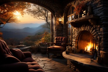 Spectacular picture of interior of a fantasy medieval cottage, full with plants furniture - obrazy, fototapety, plakaty