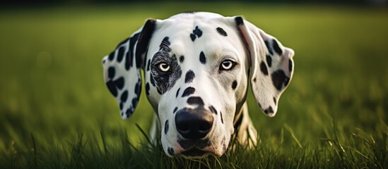 Dalmatian dogs muzzle on green grass outdoors Horizontal close up portrait