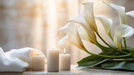 Serene Elegance: White calla lilies gracefully poised beside glowing candles on a silky navy fabric.