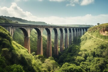 a scenic railway viaduct crossing picturesque landscape. Generative AI