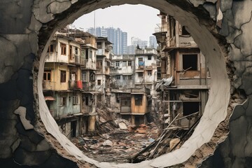 Circular aperture in damaged structure revealing city remains. Generative AI