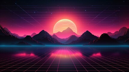 Retro futuristic retro 80s neon trendy synthwave vaporwave concept. Sunset neon background.