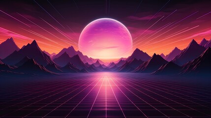 Retro futuristic retro 80s neon trendy synthwave vaporwave concept. Sunset neon background. - 669755230