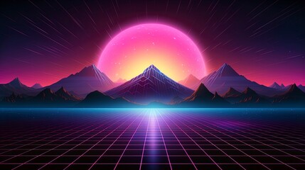Retro futuristic retro 80s neon trendy synthwave vaporwave concept. Sunset neon background. - obrazy, fototapety, plakaty