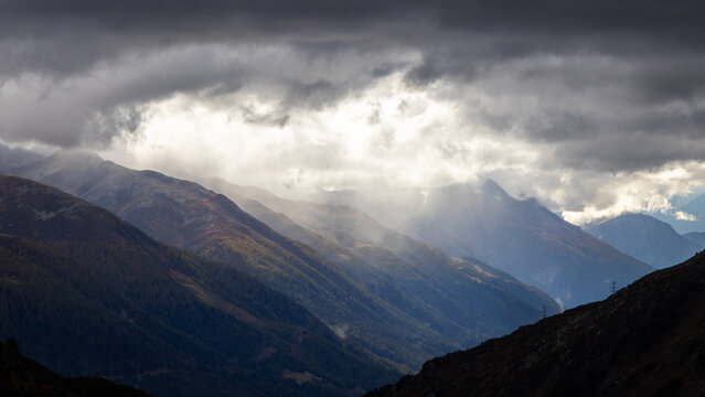 View from the Rhone glacier over the Rhone vally and the village of Gletsch in the Alpes of Switzerland.