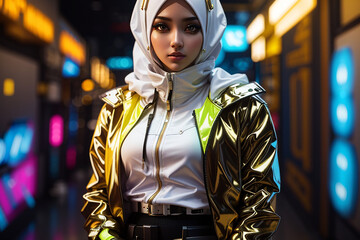 Fototapeta premium cyberpunk girl future tech hijab white gold