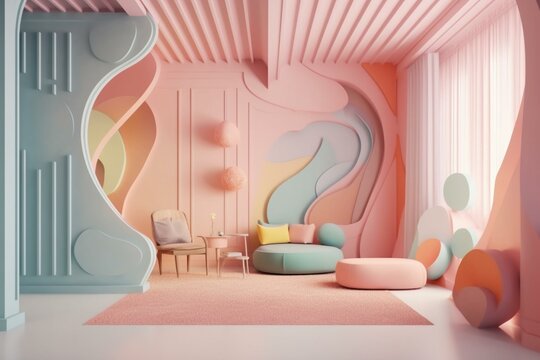 Lively pastel room with 3D visuals. Generative AI