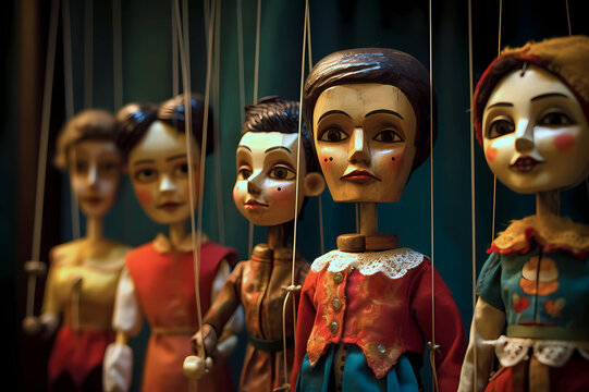 traditional European marionette puppets wearing hostorical 18th or 19th century costumes with strings