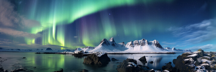 Dramatic landscape with beautiful Northern Lights, Aurora borealis light show in the sky