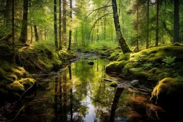 Poster Enchanting forest scenery in Uppsala, Sweden. A mesmerizing nature reserve. Generative AI © Natalya