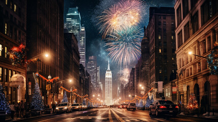 New York City street view with New Year's Eve fireworks.
generativa IA - obrazy, fototapety, plakaty