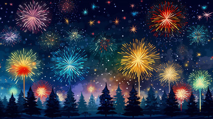 Fototapeta na wymiar Fireworks and pine trees at night. Vector illustration for New Year and Christmas. generativa IA