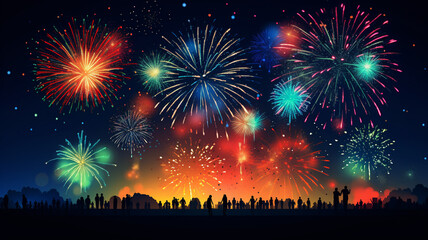 Fototapeta na wymiar Fireworks background with silhouettes of people and fireworks. Vector illustration. generativa IA