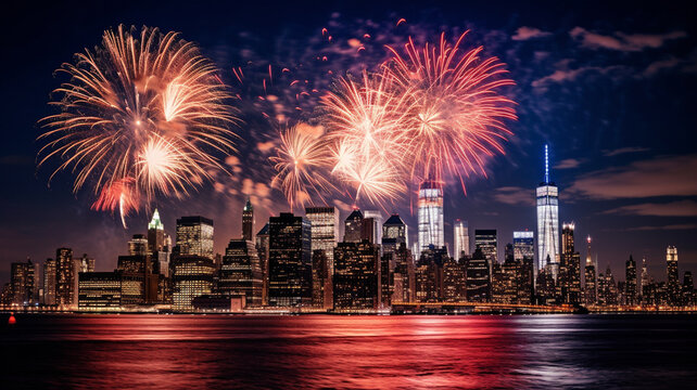 New York City Manhattan Skyline Panorama With Fireworks Over Hudson River. Generativa IA