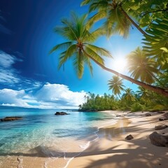 A tropical island against with palm trees the background of a blue sky, sunny beach with white sand, space for text. Generative AI