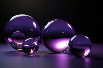 Transparent 3D purple spheres casting shadows. Generative AI