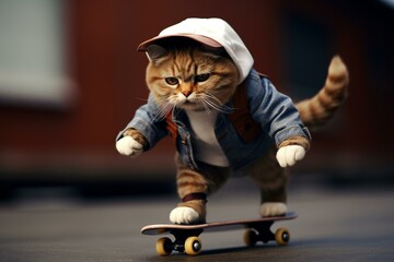 Chubby feline skateboarder. Generative AI