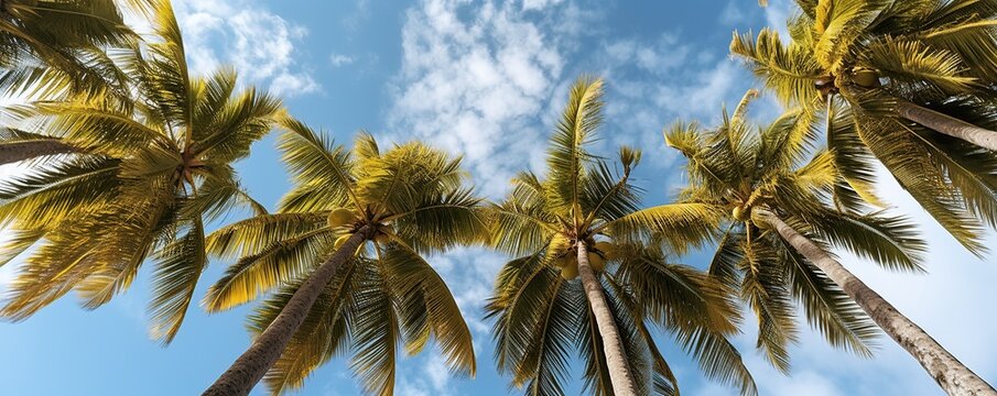 Low angle tropical palm trees with blue sky copy space background