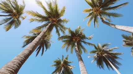 Fototapeta premium Low angle tropical palm trees with blue sky copy space background