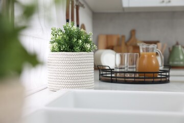 Different potted artificial plants on countertop in kitchen. Home decor