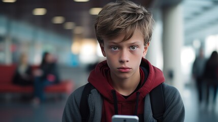 Boy with smartphone against city bokeh background,Boy with smartphone at school
