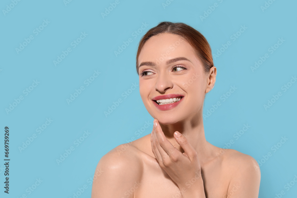 Sticker Beautiful young woman on light blue background, space for text