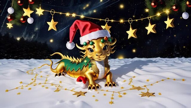 cute little golden dragon in a Santa hat against a dark blue sky with stars. celebration of the eastern lunar new year. abstract fantasy background. zoom out.