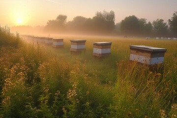 Beehives in a floral meadow at dawn. Generative AI