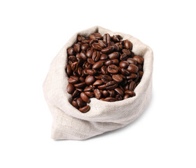 Bag with roasted coffee beans isolated on white, above view