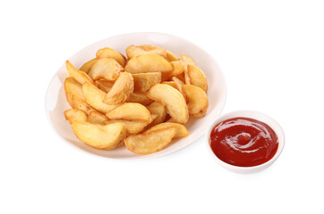 Delicious baked potato wedges and ketchup in bowl on white background
