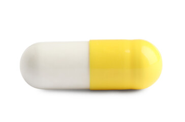 One pill on white background. Medicinal treatment