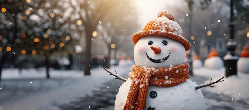 A wide-format Christmas background image showcasing a cheerful snowman, with ample space for customization, allowing you to personalize it to suit your creative content. Photorealistic illustration