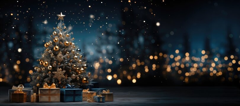 A wide-format Christmas background image featuring a Christmas tree, complete with ample space for customization, allowing you to tailor it to your creative content needs. Photorealistic illustration