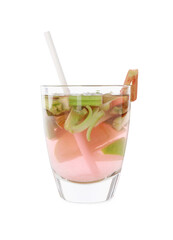 Glass of tasty rhubarb cocktail isolated on white