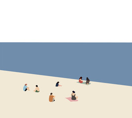 People sitting and relaxing on the white sand beach during holiday vacation. Travel leisure concept. Blue ocean scenic view background.