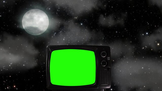 Full Moon with Stars and Vintage Television Turning On Green Screen. You can replace green screen with the footage or picture you want with “Keying” effect in After Effects. 
