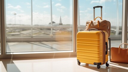 suitcase in an empty airport hall, traveler in the departure airport, vacation concept, copy space
