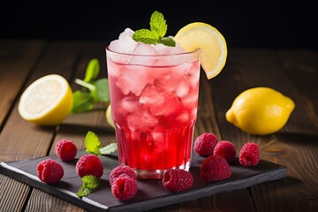 The Perfect Blend of Sweet and Tart: Close-Up of a Lemon and Raspberry Soda with Fresh Fruit Garnish