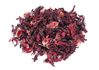 Pile of dry hibiscus tea isolated on white, top view