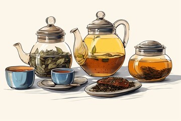 Illustration of teapots, loose tea jar, tea cup, and tea strainer. Generative AI