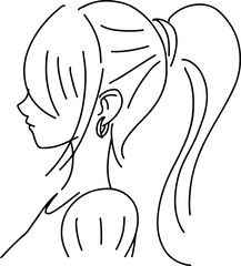 おしゃれなポニーテールの女性の横顔線画イラスト