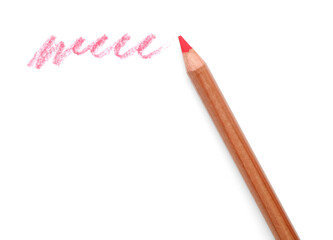Pink pastel pencil and scribble isolated on white, top view. Drawing supply