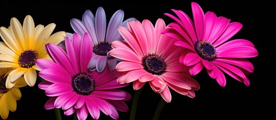 African Daisies in various colors on a black background