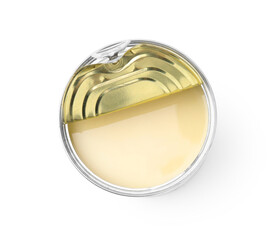 Open tin can with condensed milk isolated on white, top view