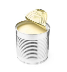 Open tin can with condensed milk isolated on white