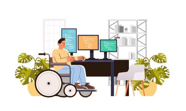 disabled man programmer in wheelchair sitting at workplace software development people with disabilities concept