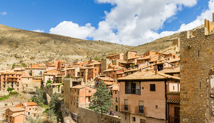 Fototapeta na wymiar Old houses on the hill in historic town Albarracin, Spain
