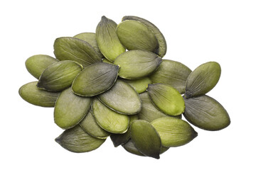 Heap of pumpkin seeds isolated on white, top view