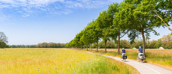 Panorama of a couple cycling in the colorful landscape near Orvelte, Netherlands