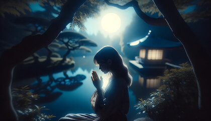 A girl's prayer (A girl praying under a lake bedside tree on a moonlight night) Generative AI, 생성형, 인공지능 